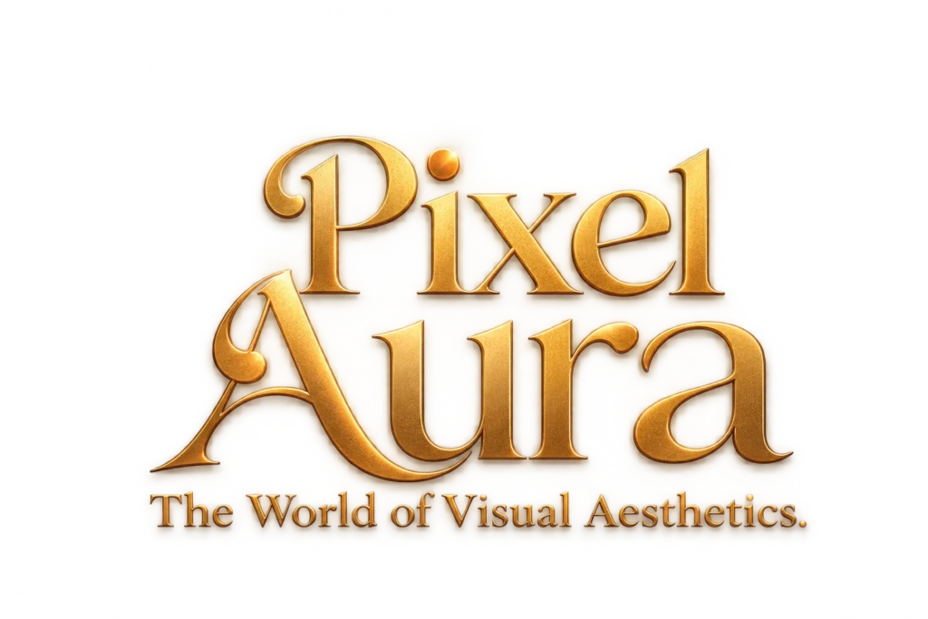 Pixel Aura golden logo featuring the text The World of Visual Aesthetics